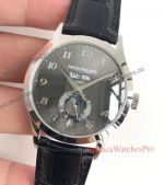Patek Philippe Moonphase Grey Dial Black Leather Band Copy Watch